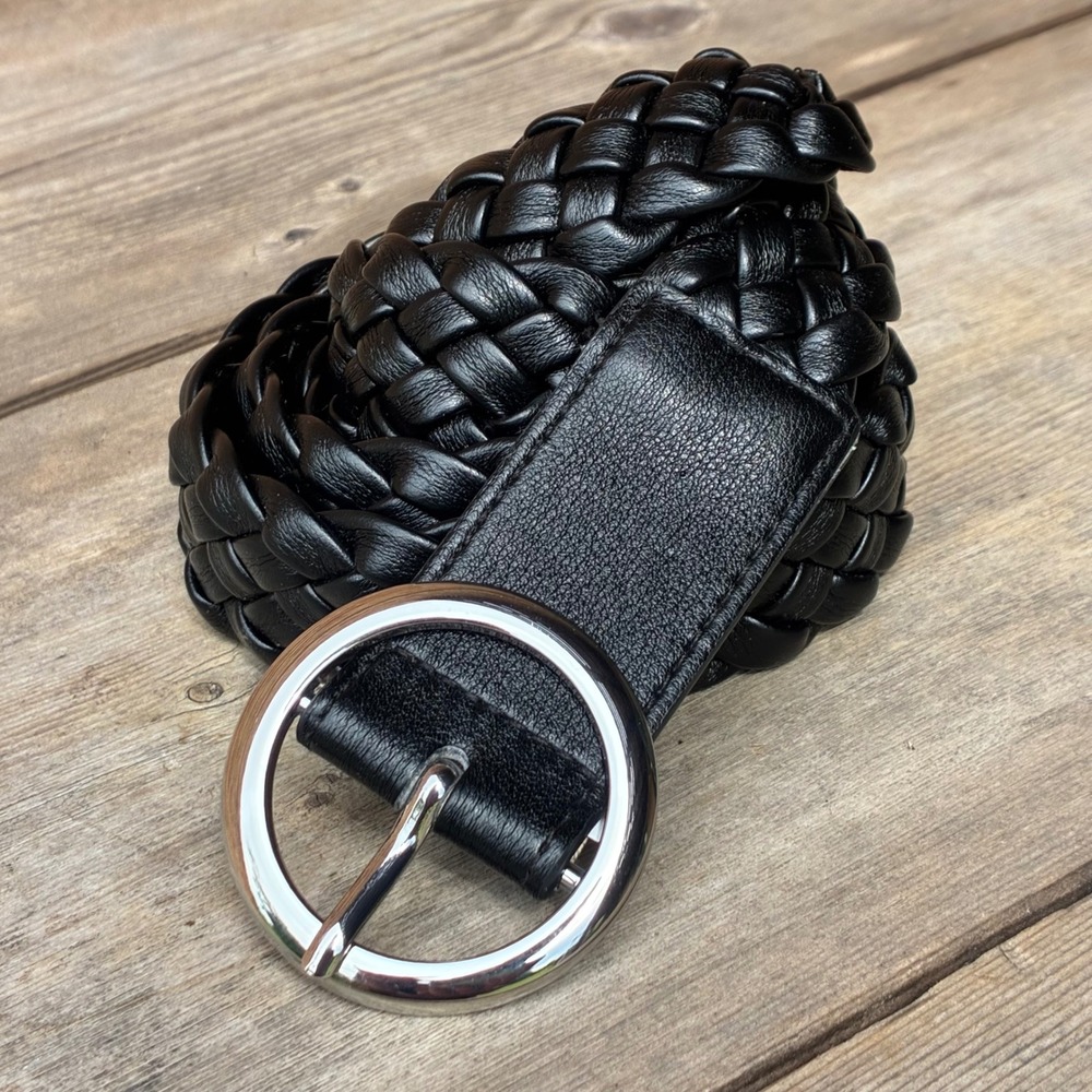 Universal Thread Braided Belt XL Black Faux Leather Silver Round Buckle Woven
